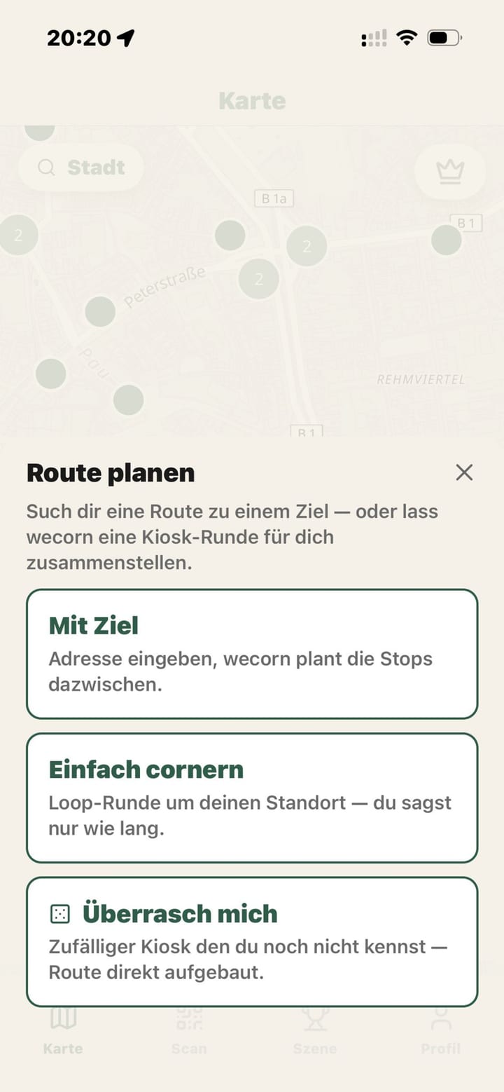 Routen-Planer mit Mit-Ziel, Einfach cornern, Überrasch mich